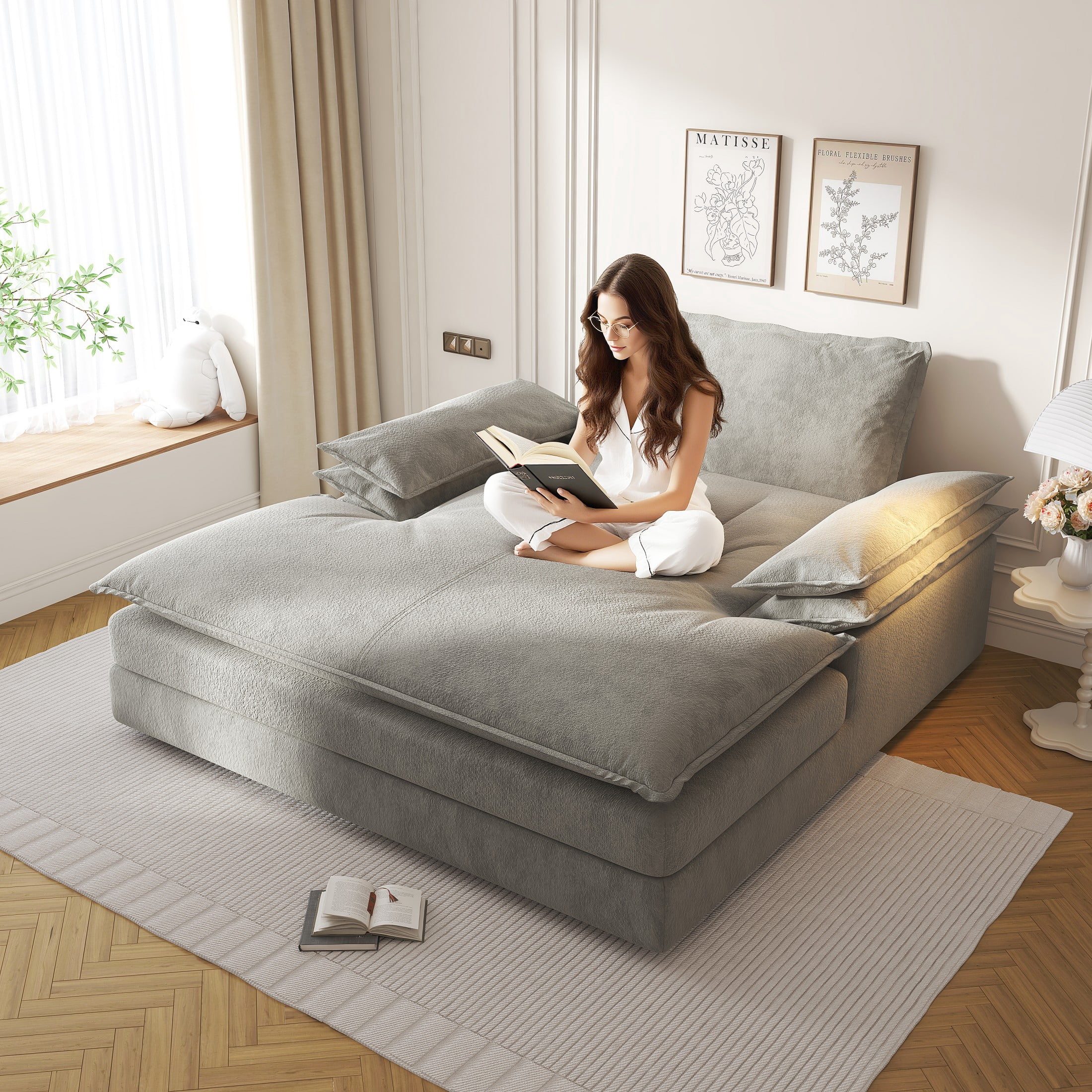 Aukfa 80" Oversized Double Chaise Lounge, Boneless Cloud Upholstered Sofa Bed, Sleeper Loveseat with Removable Deep Seat Cushions, Gray