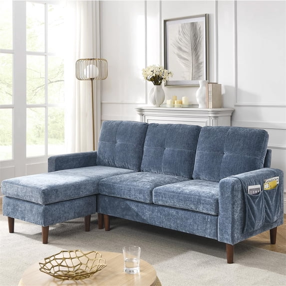 Aukfa 80" Sectional Sofa for Living Room, 3 Seater Couch with Reversible Ottoman, Chenille, Navy Blue
