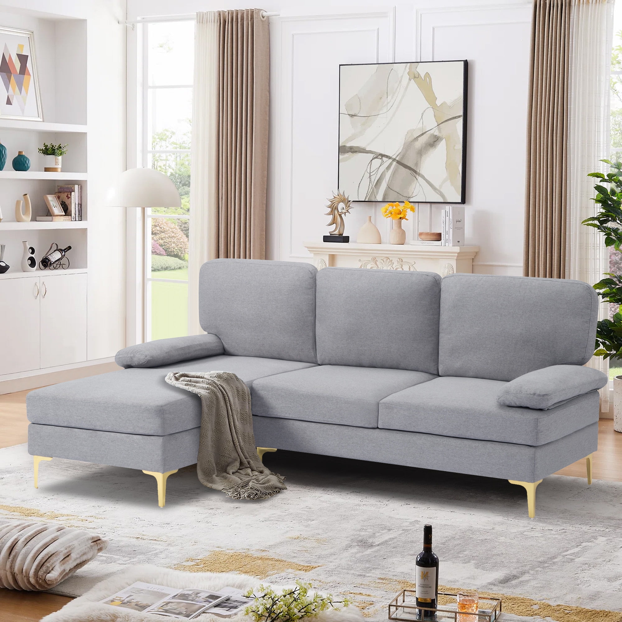 Aukfa 80" Sectional Sofa with Chaise for Living Room, Modern Lounge Couch, Pillow Top Arm, Gray