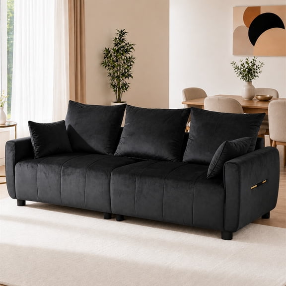 Aukfa 83" Modern Sofa Couch for Living Room Bedroom, 26" Deep Seat, 5 Pillows, Velvet, Black