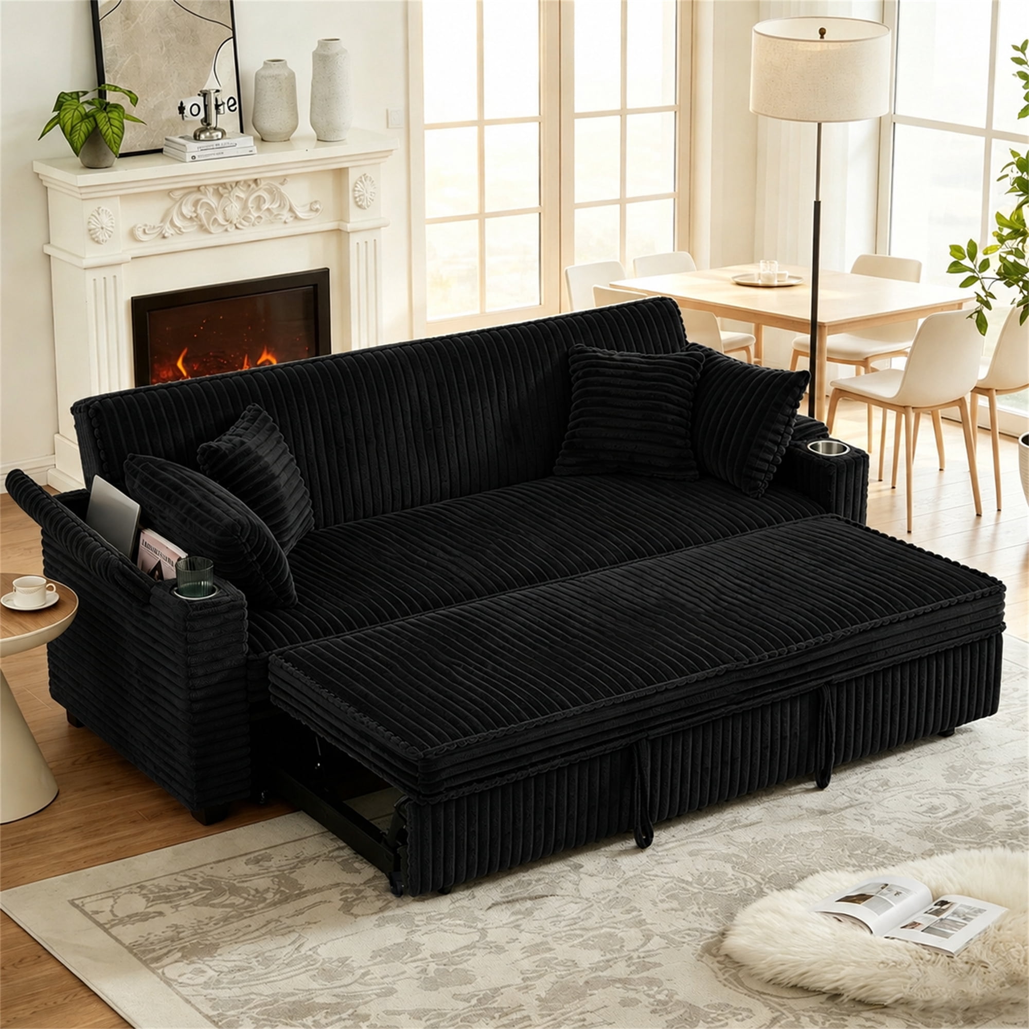 Aukfa 80" Comfy 3 Seat Sofa Convertible Sleeper Sofa Bed with Storage Armrest& Cup Holders for Living Room, 4 Pillows, Corduroy, Black