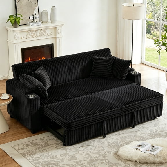 Aukfa 80" Comfy Sofa 3 Seat Convertible Sofa Bed with Storage Armrest&2 Cup Holders for Living Room, 4 Pillows, Corduroy, Black