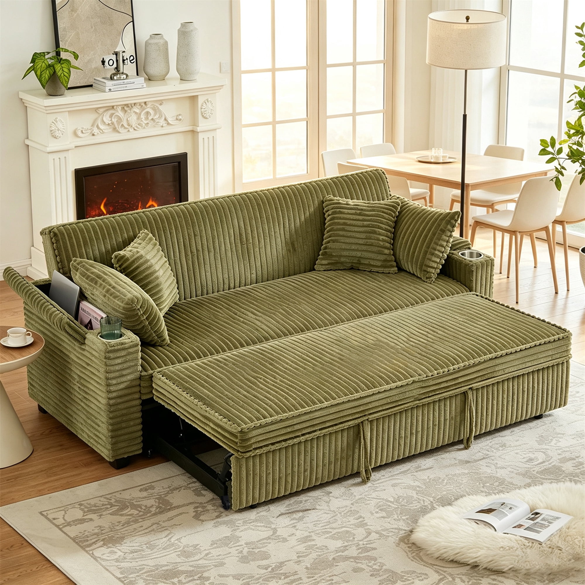 Aukfa 80" Comfy 3 Seat Sofa Convertible Sleeper Sofa Bed with Storage Armrest& Cup Holders for Living Room, 4 Pillows, Corduroy, Green