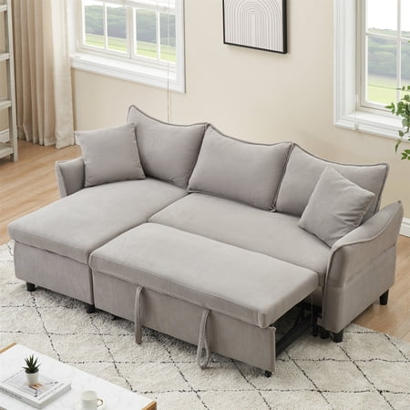 Aukfa 80" Sofa Bed Couch Pull Out Sofa Bed with Storage Chaise, 2 Pillows, Corduroy, Gray