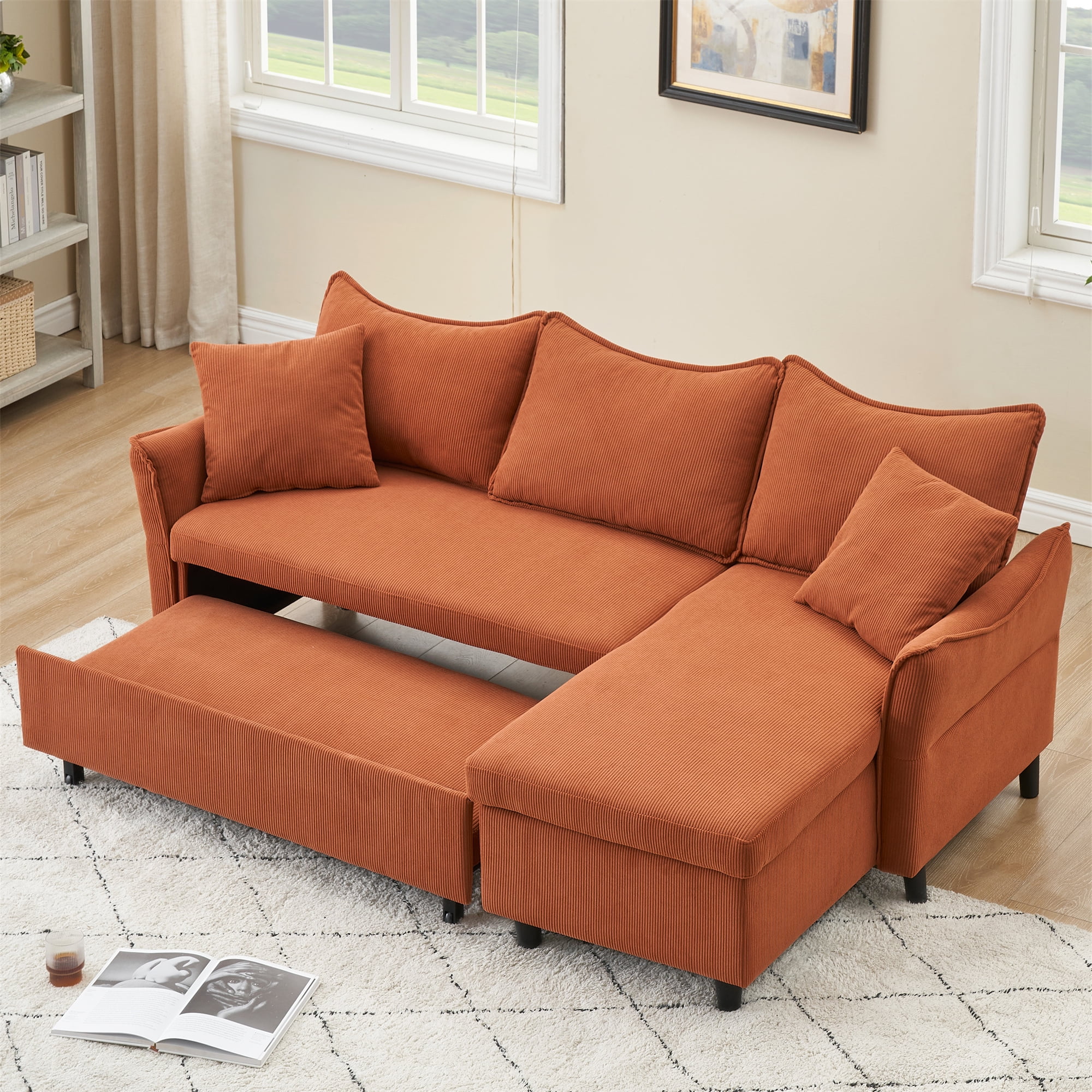 Aukfa 80" Sofa Bed Couch Pull Out Sofa Bed with Storage Chaise, 2 Pillows, Corduroy, Orange