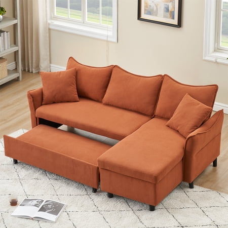 Aukfa 80" Sofa Bed Couch Pull Out Sofa Bed with Storage Chaise, 2 Pillows, Corduroy, Orange