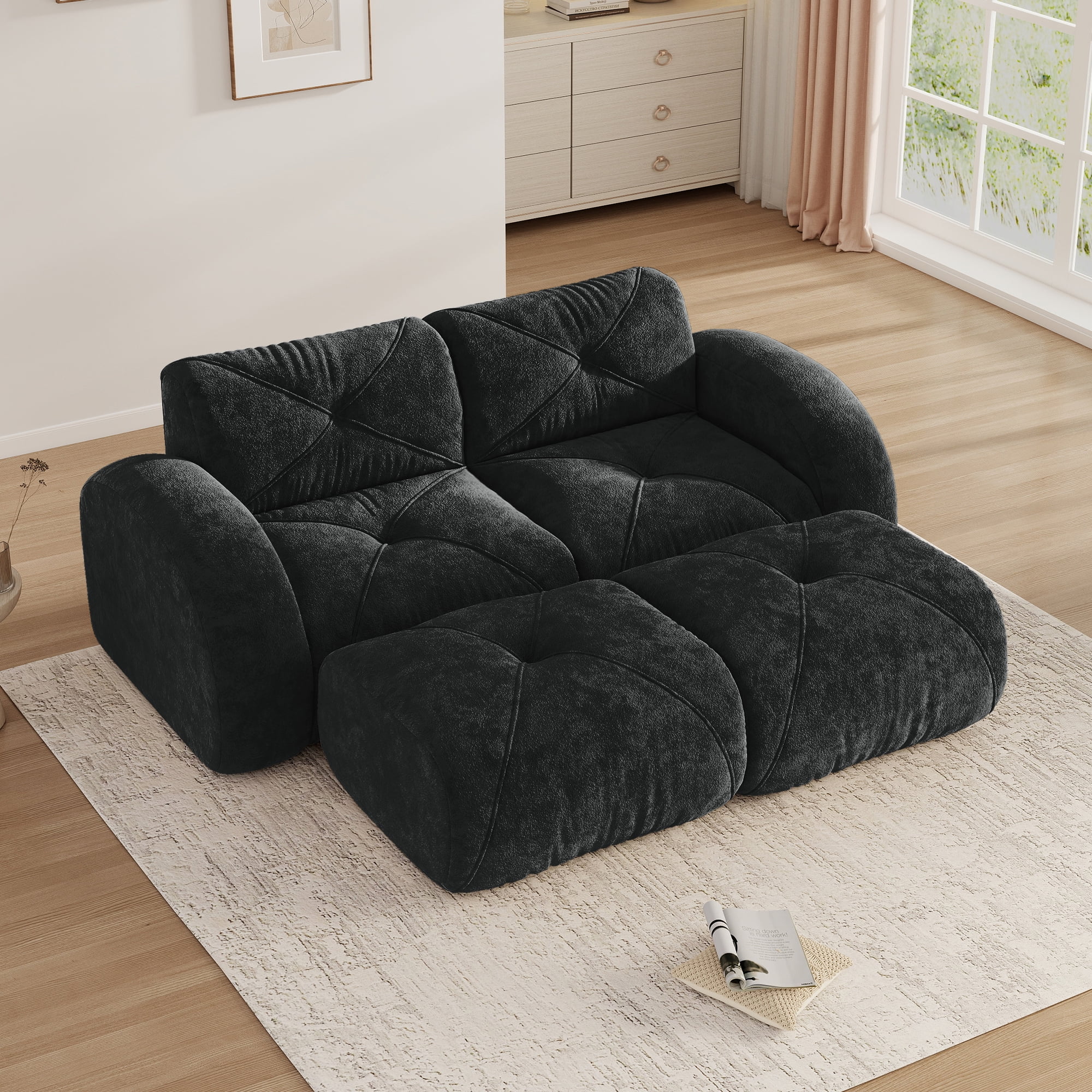 Aukfa 80" Velvet Modular Sectional Sofa, 4-Piece Boneless Living Room Couch with 2 Ottomans, Black