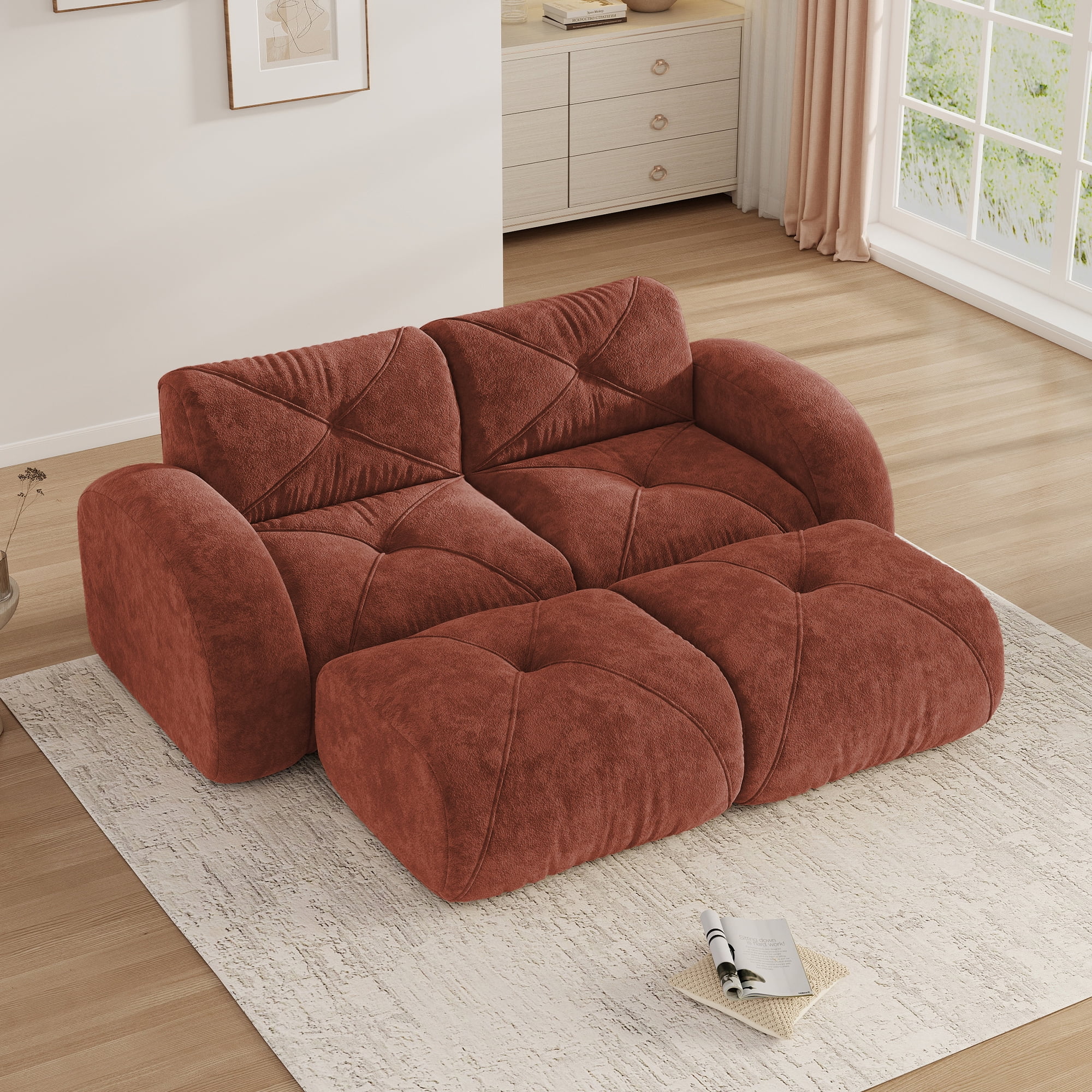 Aukfa 80" Velvet Modular Sectional Sofa, 4-Piece Boneless Living Room Couch with 2 Ottomans, Red