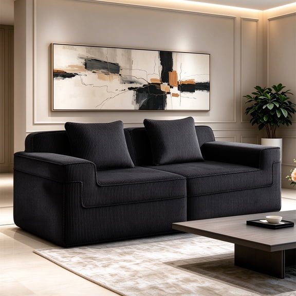 Aukfa 81" Oversized Boneless Loveseat Couch Deep Seat 3 Seat Cloud Sofa for Living Room Bedroom, Tight Back, 2 Pillows, Corduroy, Black
