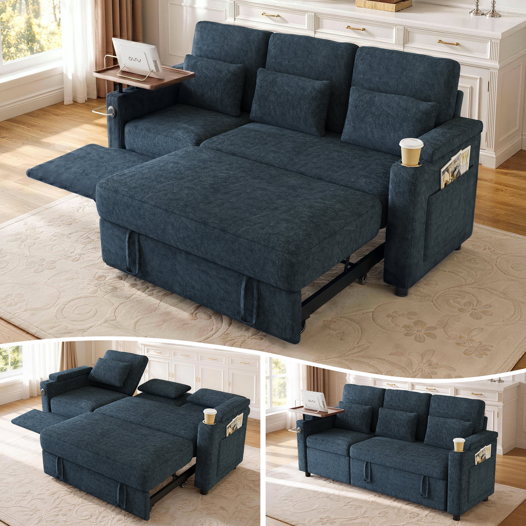 Aukfa 81" Convertible Sleeper Sofa,Chenille 3-in-1 Sofa Bed with Recliner,Center Table,USB Ports & Storage Armrests,Blue