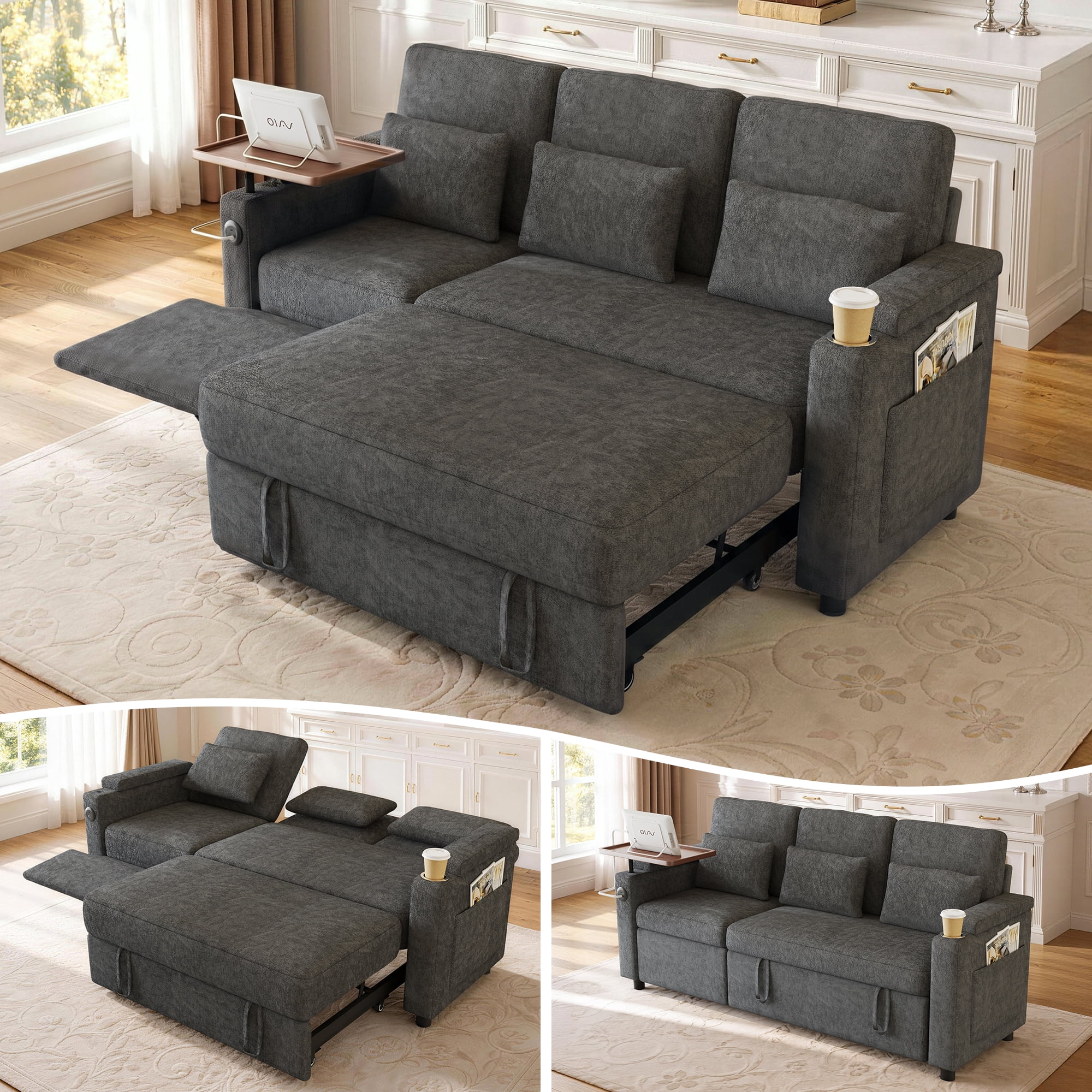 Aukfa 81" Convertible Sleeper Sofa,Chenille 3-in-1 Sofa Bed with Recliner,Center Table,USB Ports & Storage Armrests,Gray