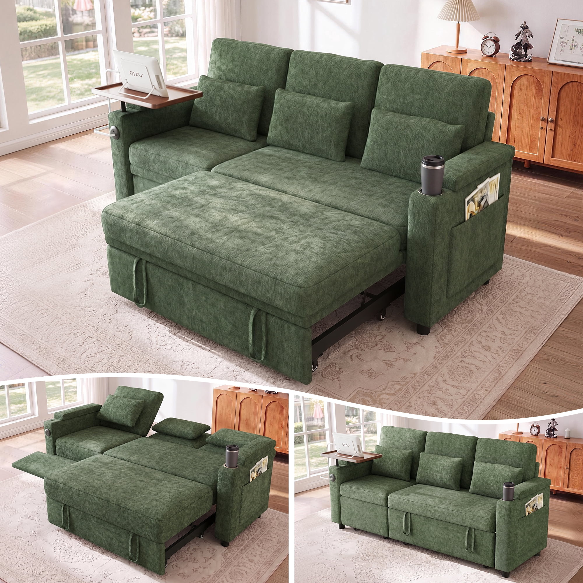 Aukfa 81" Convertible Sleeper Sofa,Chenille 3-in-1 Sofa Bed with Recliner,Center Table,USB Ports & Storage Armrests,Green