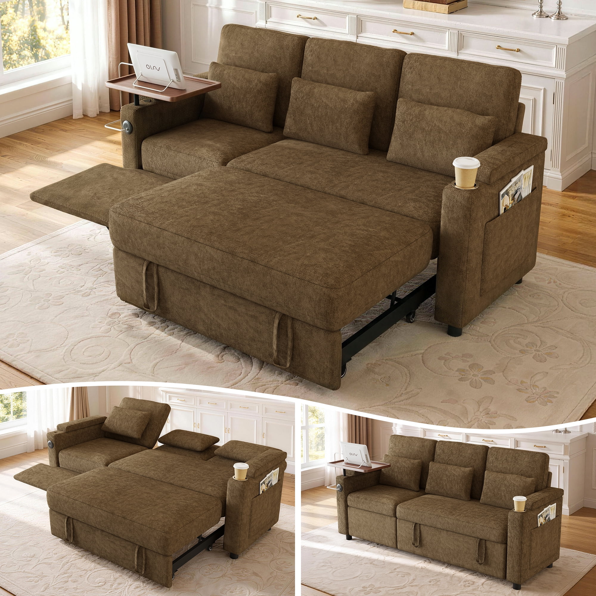 Aukfa 81" Convertible Sleeper Sofa,Chenille 3-in-1 Sofa Bed with Recliner,Center Table,USB Ports & Storage Armrests,Khaki