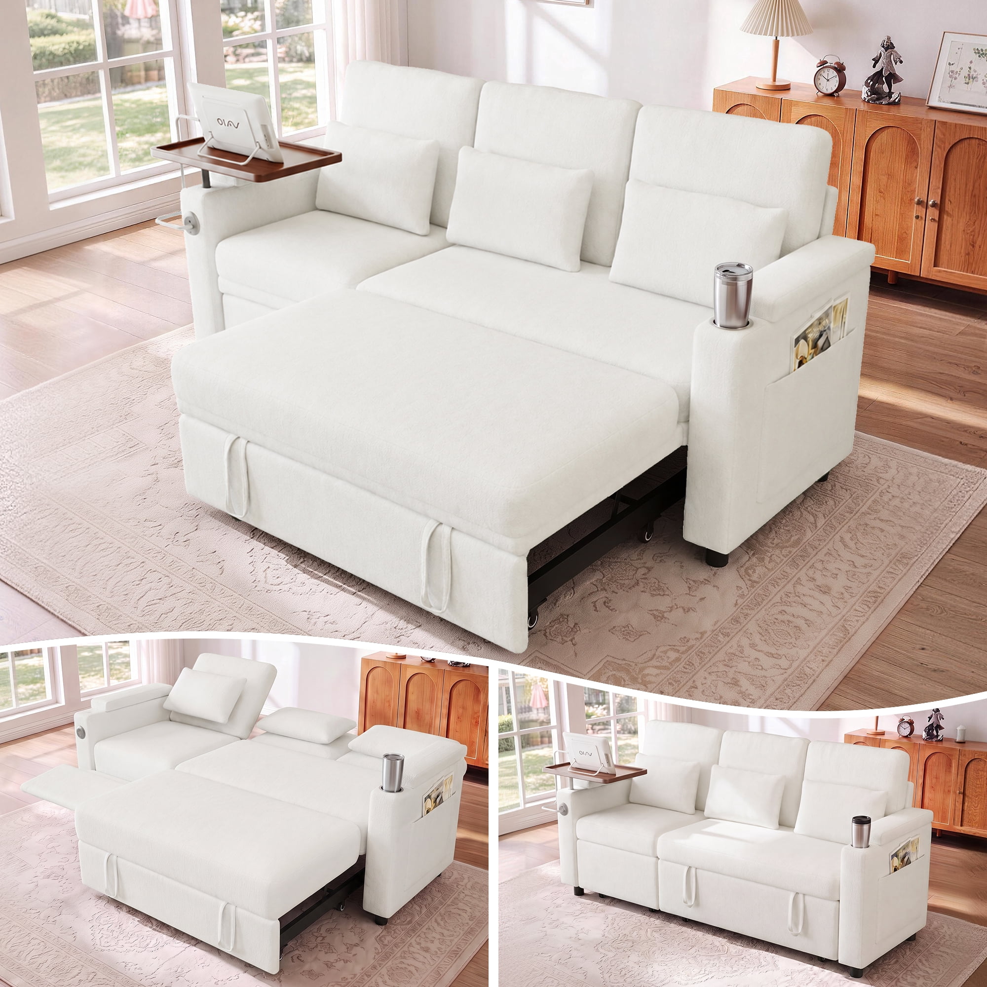 Aukfa 81" Convertible Sleeper Sofa,Chenille 3-in-1 Sofa Bed with Recliner,Center Table,USB Ports & Storage Armrests,White
