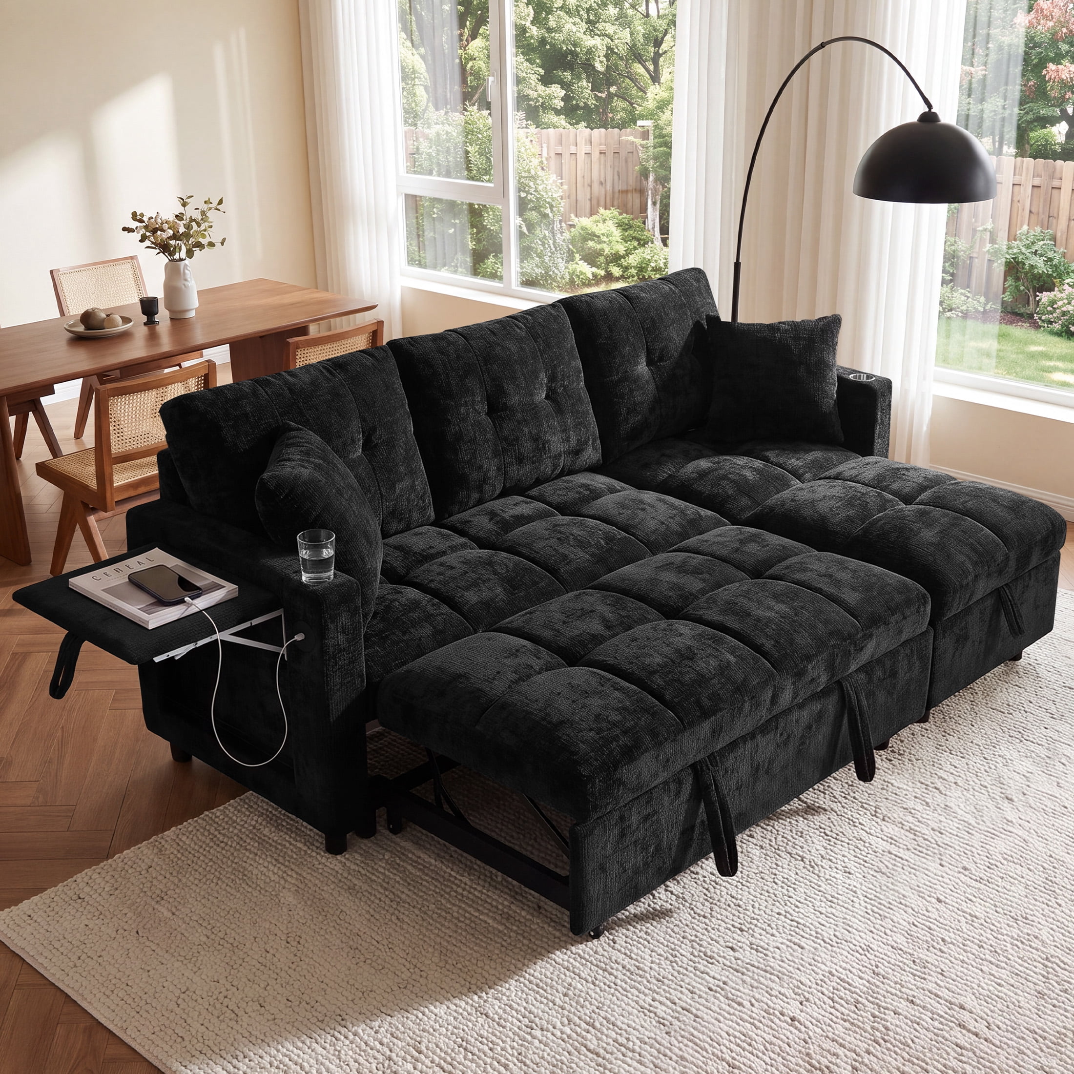 Aukfa 81" L Shape Sleeper Sectional Sofa Bed, Chenille Convertible Couch with Storage Chaise, Side Table & USB/Type-C Ports,Black