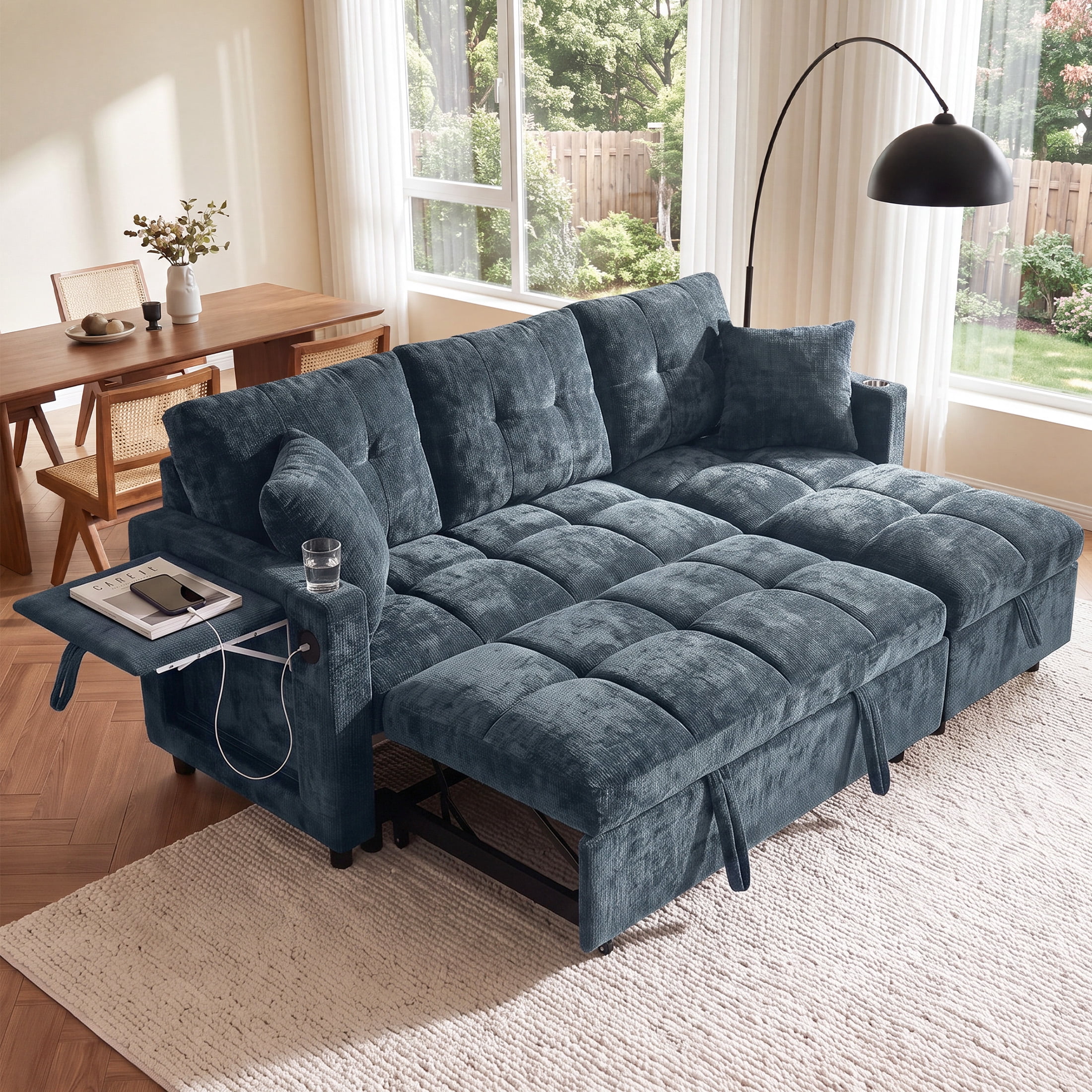 Aukfa 81" L Shape Sleeper Sectional Sofa Bed, Chenille Convertible Couch with Storage Chaise, Side Table & USB/Type-C Ports,Blue