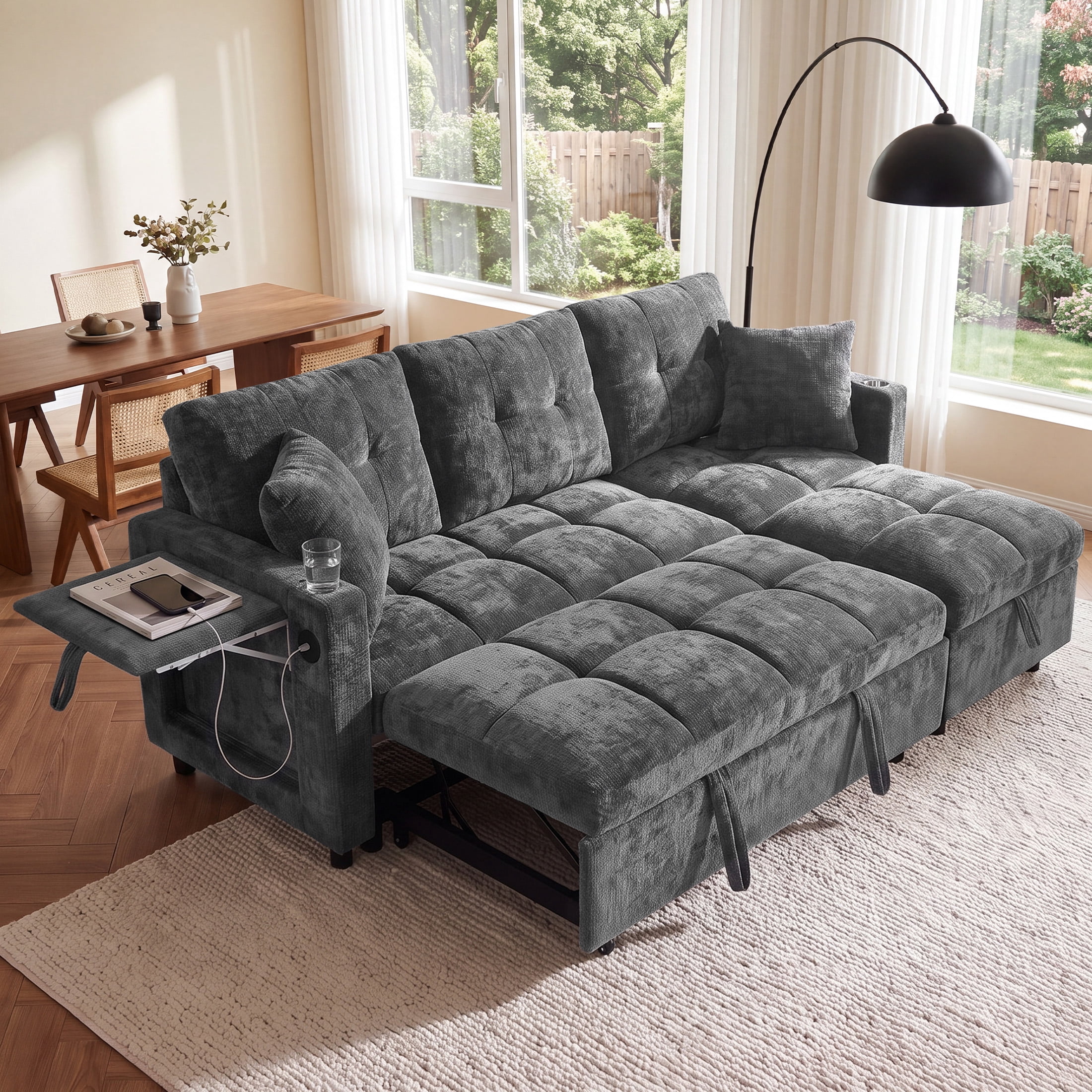 Aukfa 81" L Shape Sleeper Sectional Sofa Bed, Chenille Convertible Couch with Storage Chaise, Side Table & USB/Type-C Ports,Gray