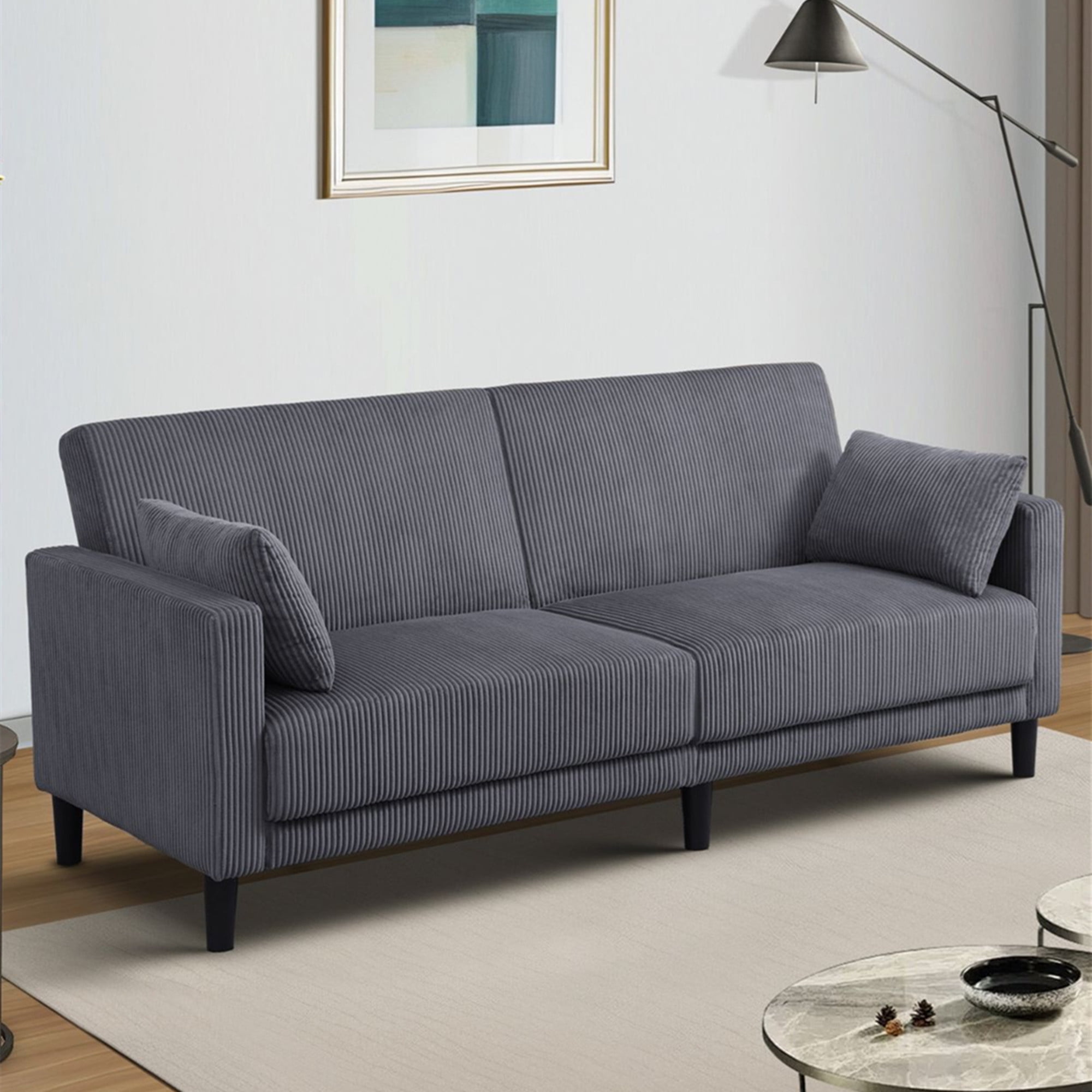Aukfa 81" Oversized Futon Convertible Sofa Bed for Living Room, 2 Pillow, Corduroy Couch, Dark Gray