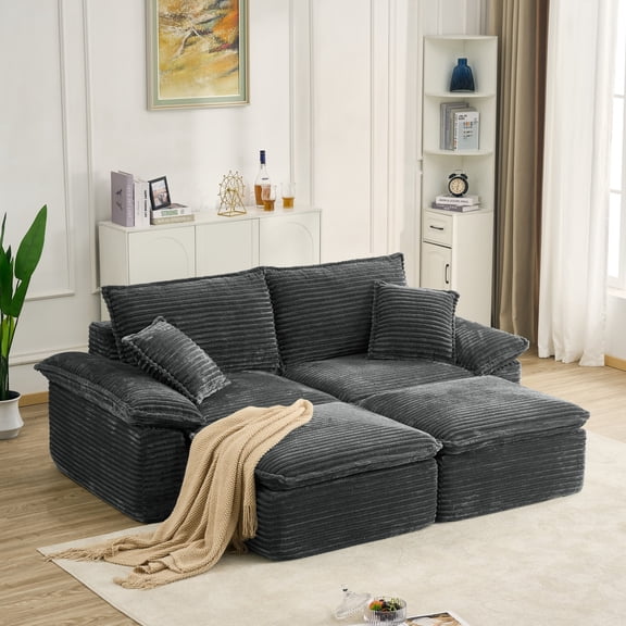 Aukfa 81" Oversized Modular Sectional Sofa, Corduroy Upholstered Cloud Couch with Two Ottomans, Deep Seat Comfy Sofa Set for Living Room, Dark Gray