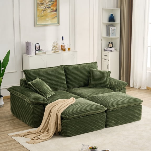 Aukfa 81" Oversized Modular Sectional Sofa, Corduroy Upholstered Cloud Couch with Two Ottomans, Deep Seat Comfy Sofa Set for Living Room, Green