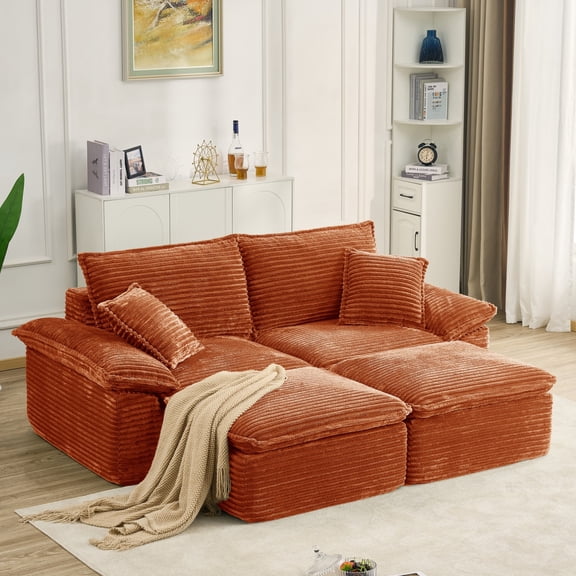 Aukfa 81" Oversized Modular Sectional Sofa, Corduroy Upholstered Cloud Couch with Two Ottomans, Deep Seat Comfy Sofa Set for Living Room, Orange