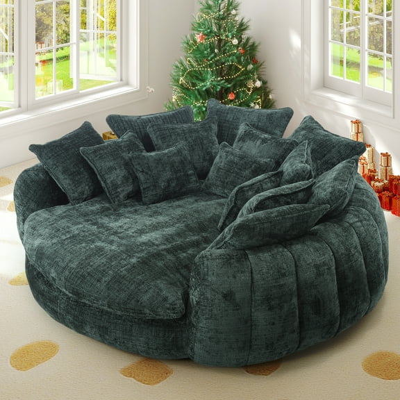 Aukfa 81" Oversized Round Chaise Lounge Sofa Bed, Modern Chenille Cloud Couch with Deep Seat, 14 Pillows, Assemble-Free, Emerald