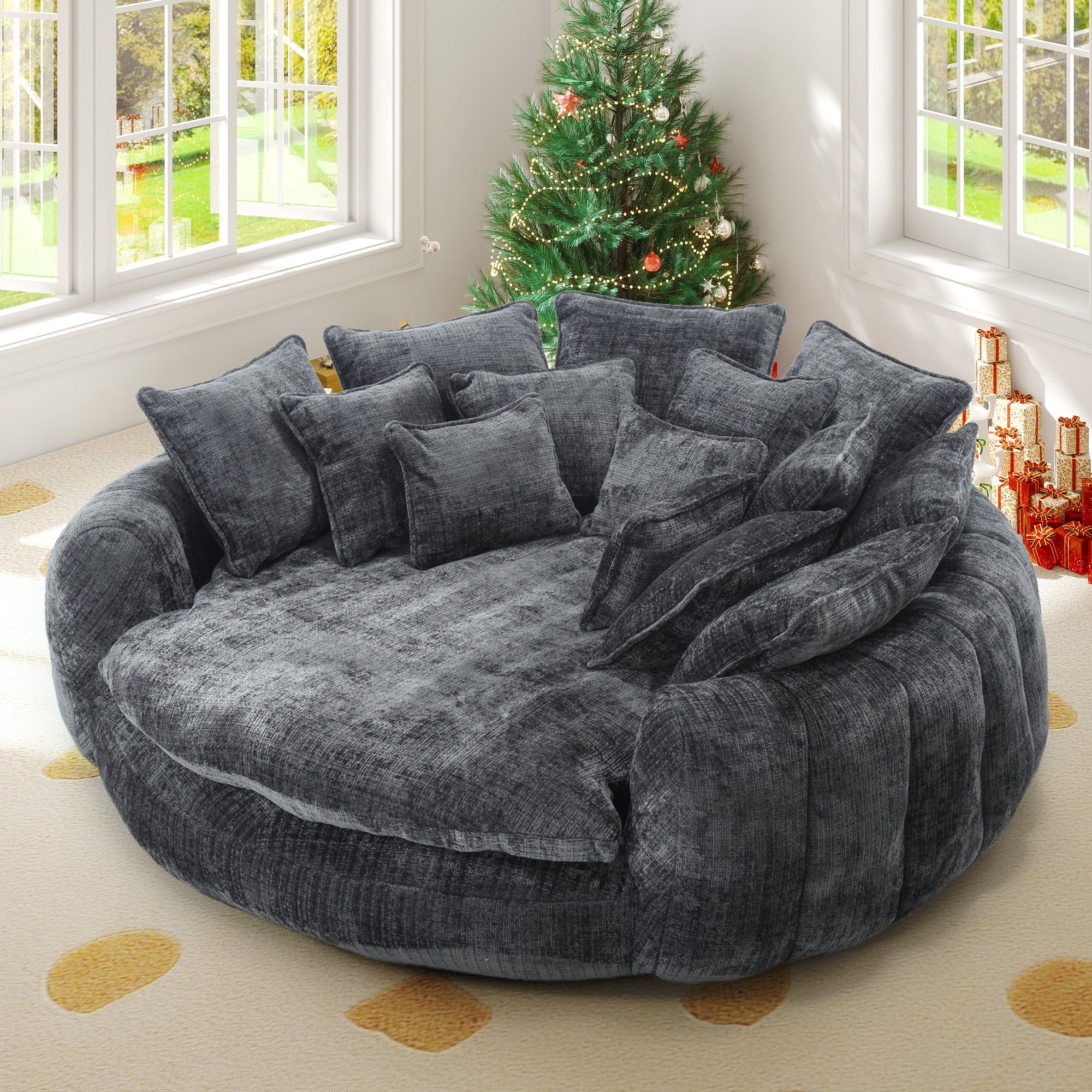 Aukfa 81" Oversized Round Chaise Lounge Sofa Bed, Modern Chenille Cloud Couch with Deep Seat, 14 Pillows, Assemble-Free, Gray
