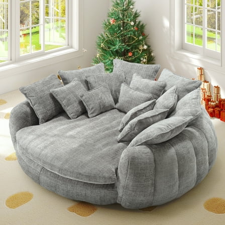 Aukfa 81" Oversized Round Chaise Lounge Sofa Bed, Modern Chenille Cloud Couch with Deep Seat, 14 Pillows, Assemble-Free, Light Gray