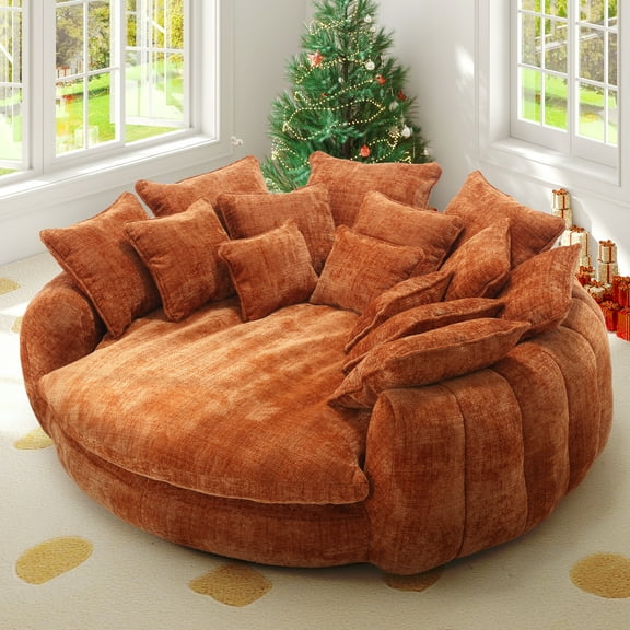 Aukfa 81" Oversized Round Chaise Lounge Sofa Bed, Modern Chenille Cloud Couch with Deep Seat, 14 Pillows, Assemble-Free, Orange