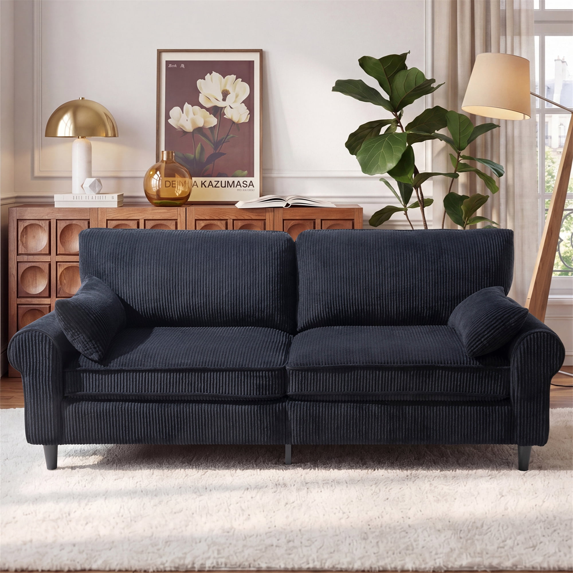 Aukfa 81" Roll Arm Sofa 3 Seat Deep Seat Upholstered Couch for Living Room Bedroom, 2 Pillows, Corduroy, Black