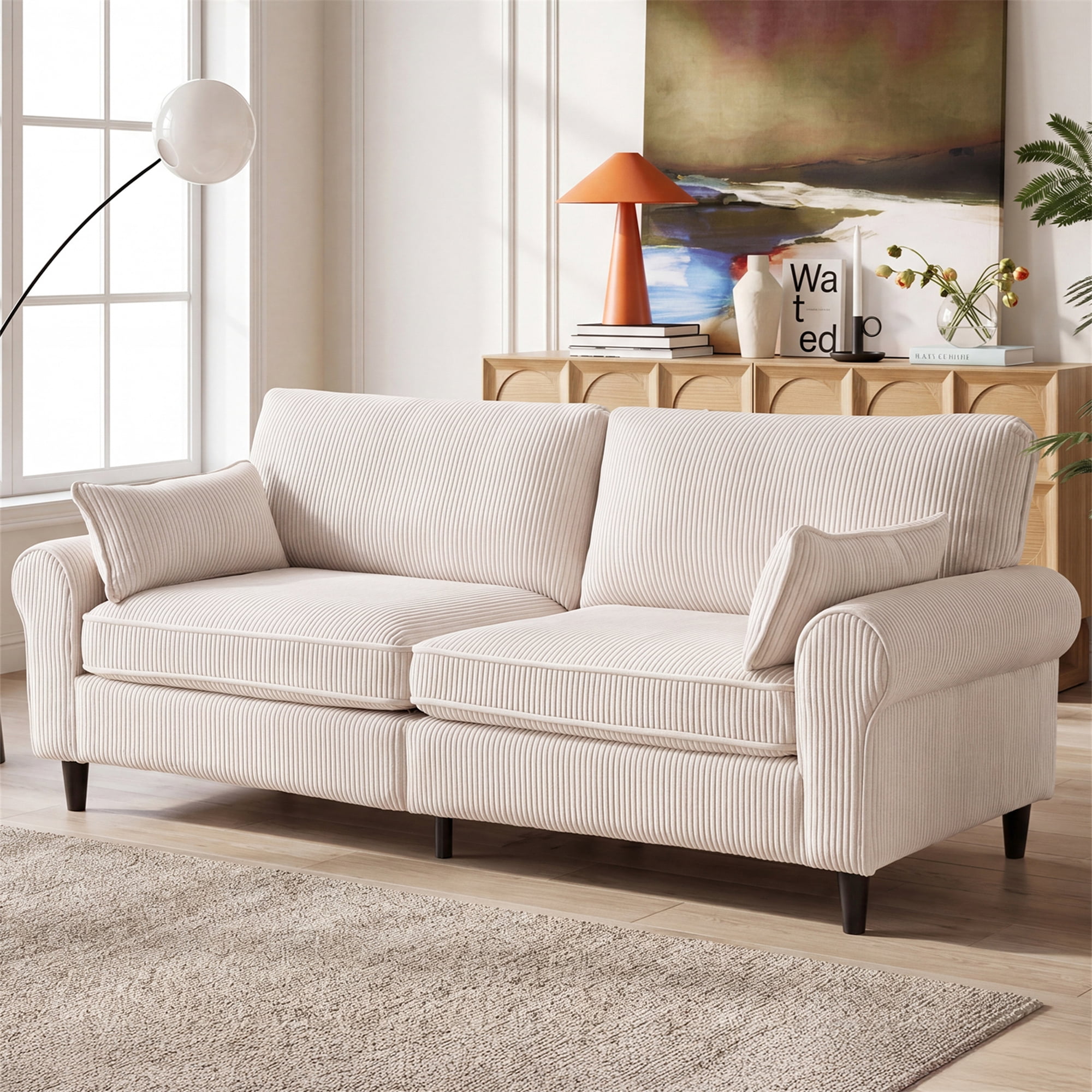 Aukfa 81" Roll Arm Sofa 3 Seat Deep Seat Upholstered Couch for Living Room Bedroom, 2 Pillows, Corduroy, White