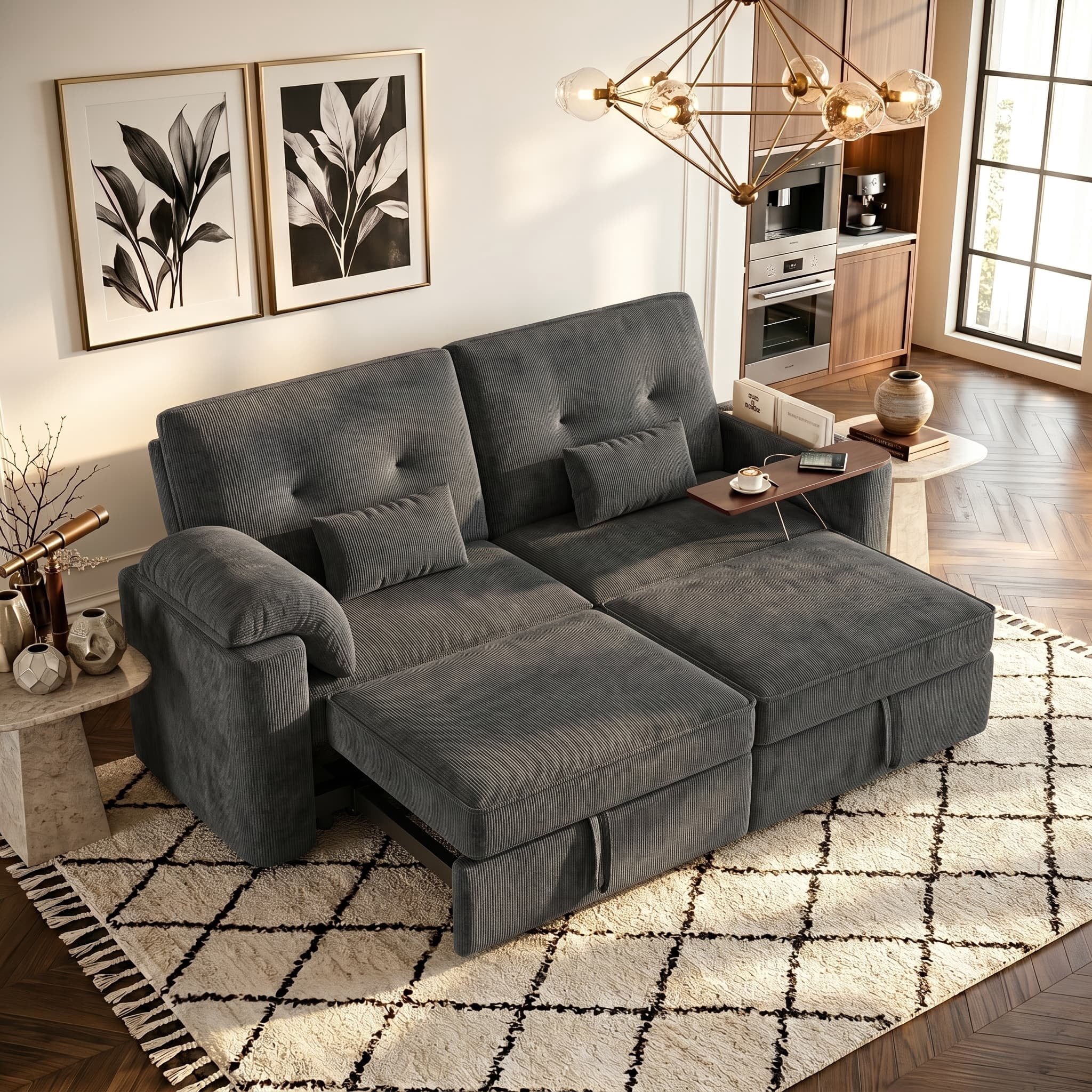 Aukfa 82" 3-in-1 Convertible Sleeper Sofa, Modern Chenille Queen Pull-Out Sofa Bed with USB/Type-C Ports & Rotating Side Table for Living Room & Apartment,Black