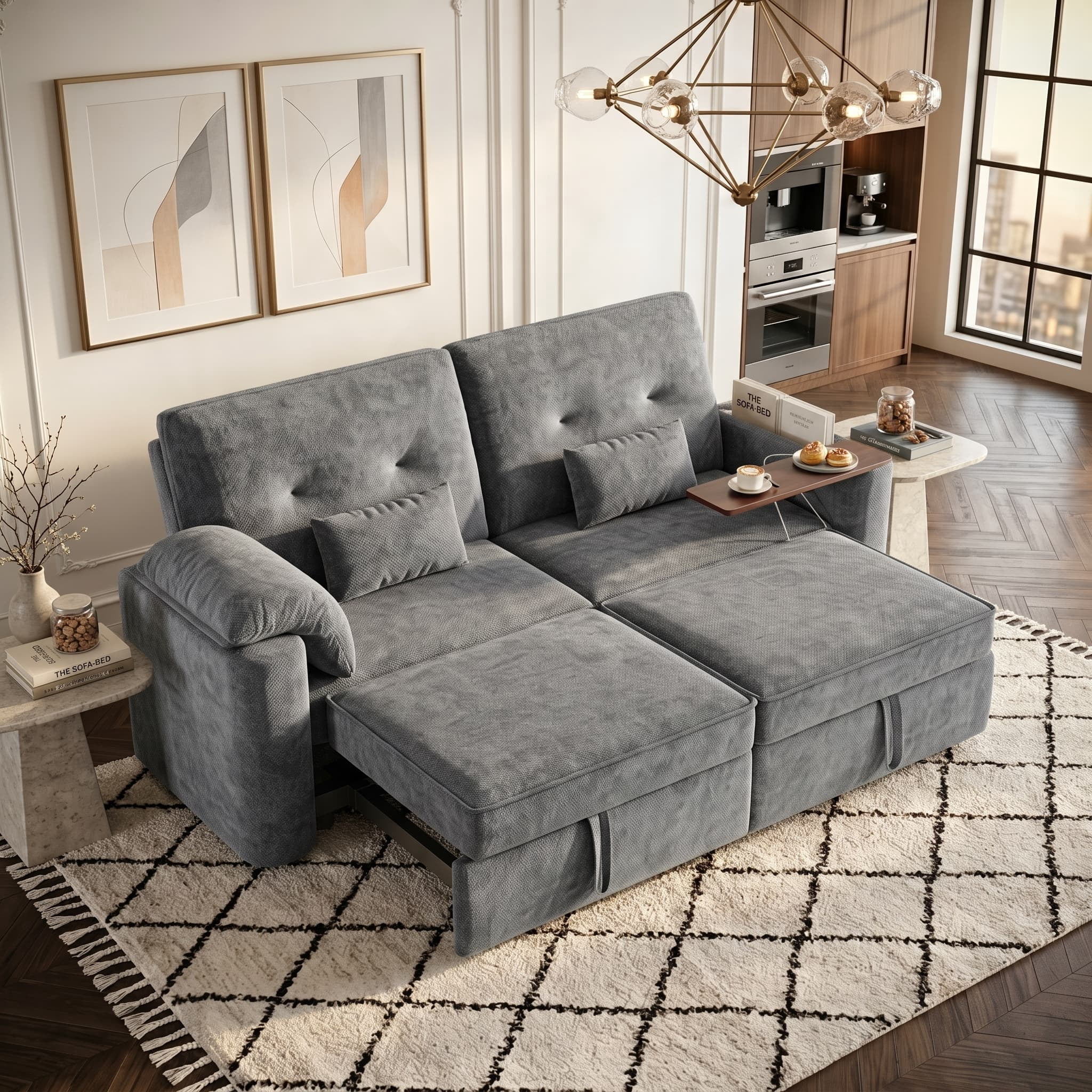 Aukfa 82" 3-in-1 Convertible Sleeper Sofa, Modern Chenille Queen Pull-Out Sofa Bed with USB/Type-C Ports & Rotating Side Table for Living Room & Apartment,Gray