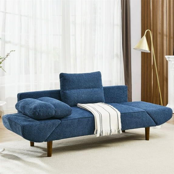 Aukfa 82" Chaise Futon Convertible Sofa Bed for Home Office, Swivel Arm, 2 Pillows, Boucle, Blue