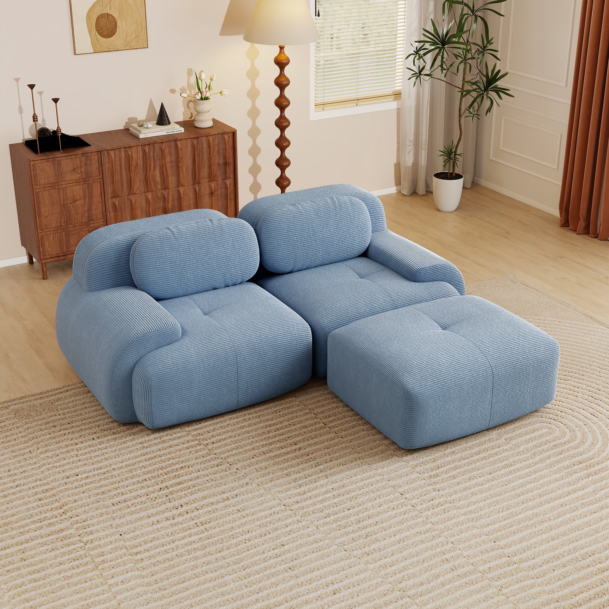 Aukfa 82" L-Shape 2-Seat Sofa with Ottoman, Corduroy, 28" Deep Seat, No Assembly Required, Blue