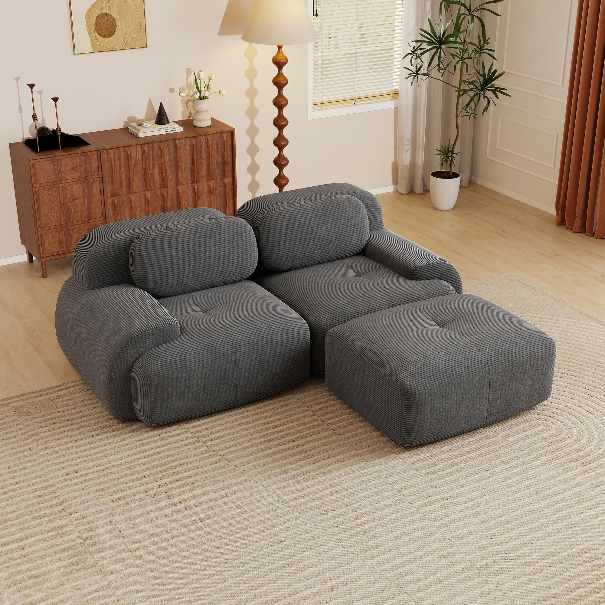 Aukfa 82" L-Shape 2-Seat Sofa with Ottoman, Corduroy, 28" Deep Seat, No Assembly Required, Gray
