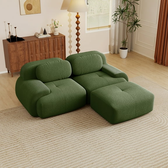 Aukfa 82" L-Shape 2-Seat Sofa with Ottoman, Corduroy, 28" Deep Seat, No Assembly Required, Green