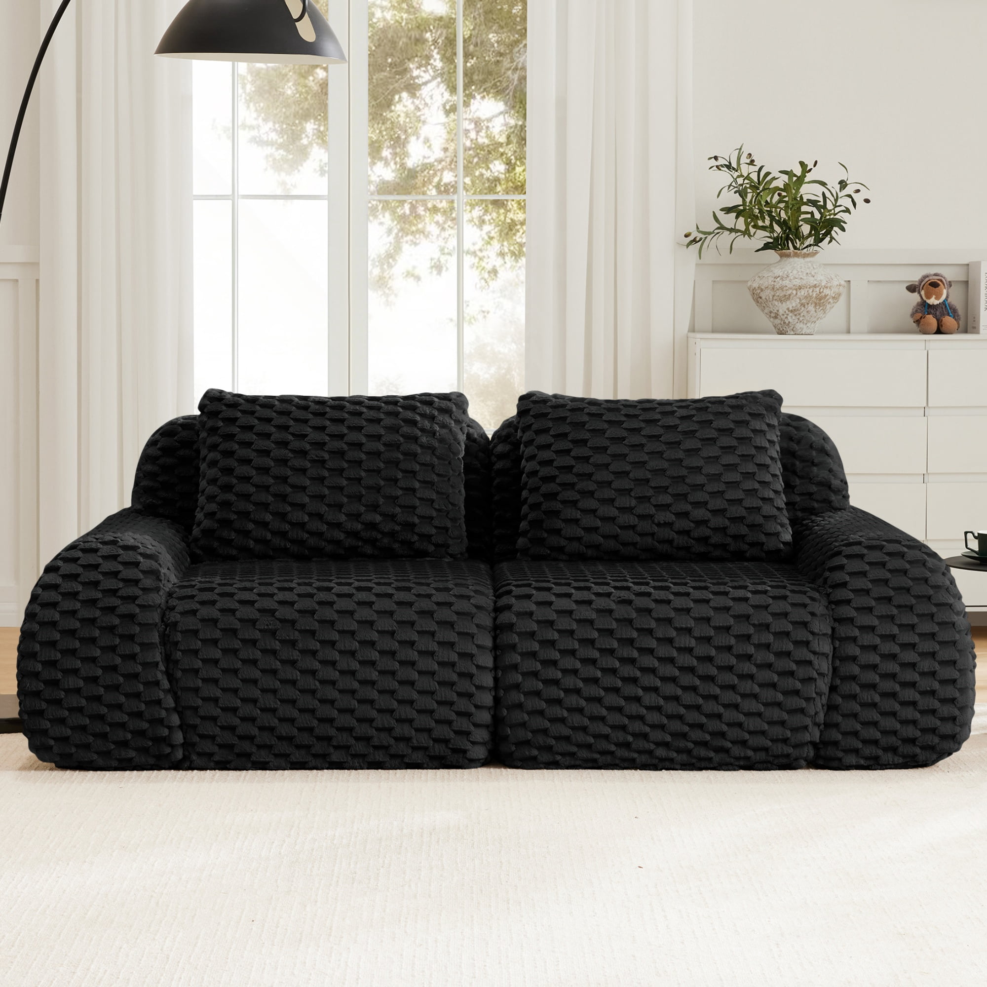 Aukfa 82" Modern Modular Cloud Sofa, Oversized Flannelette 2-Seater Couch with 29" Deep Seat & Two Pillows, No Assembly, Black