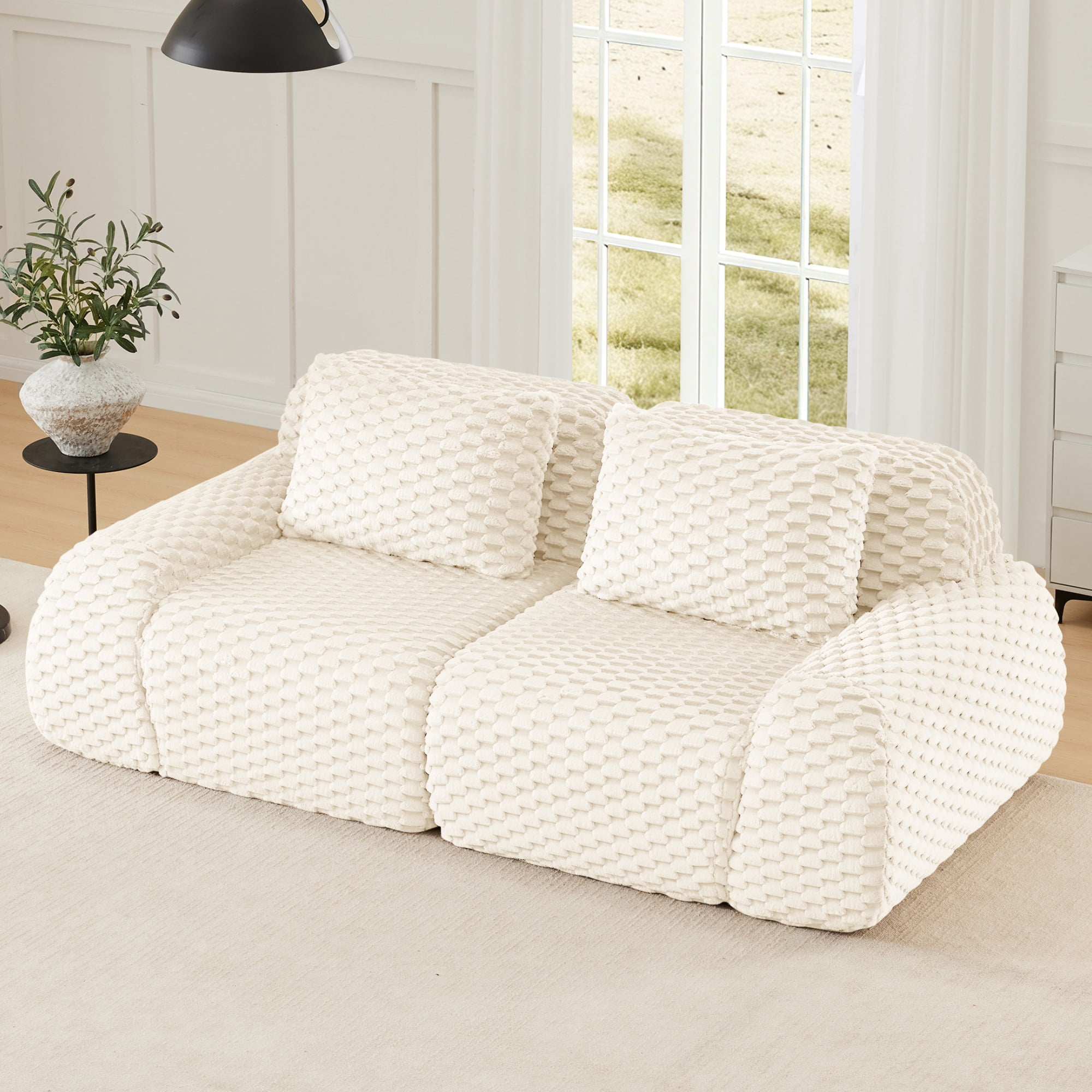 Aukfa 82" Modern Modular Cloud Sofa, Oversized Flannelette 2-Seater Couch with 29" Deep Seat & Two Pillows, No Assembly, White