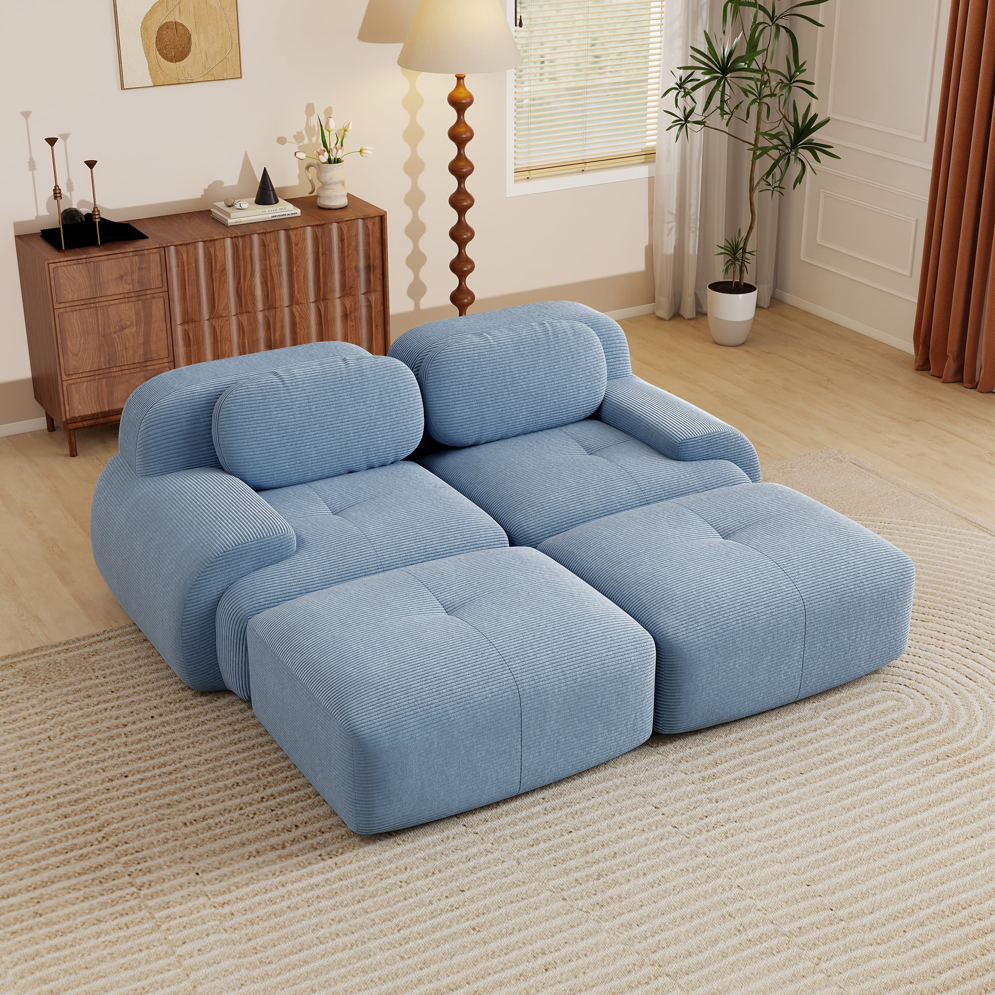 Aukfa 82" Modular Sectional Sofa with Ottoman, Corduroy, 28" Deep Seat, No Assembly Required, Blue