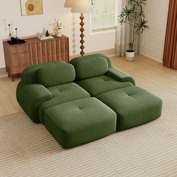 Aukfa 82" Modular Sectional Sofa with Ottoman, Corduroy, 28" Deep Seat, No Assembly Required, Green