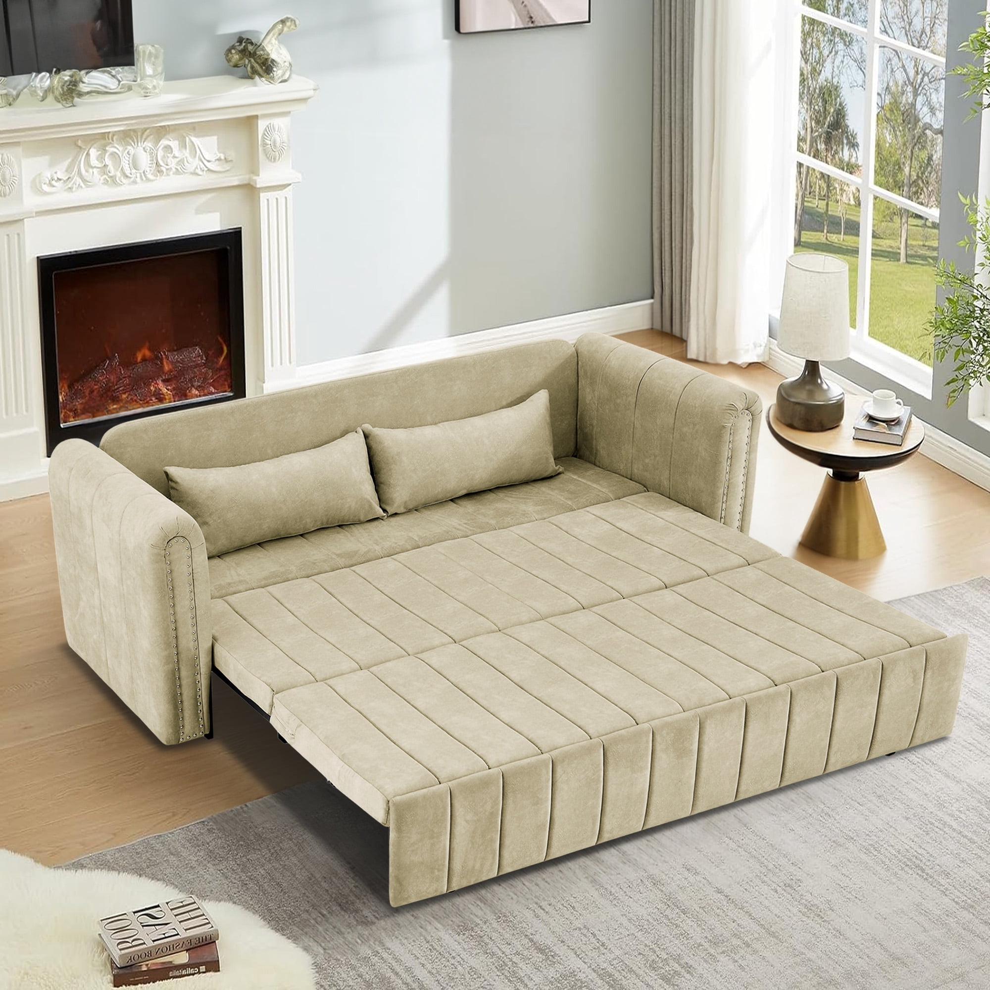 Aukfa 82" Pull Out Couch, Convertible 3 In 1 Sleeper Sofa Bed with Two Drawers, 3 Seater Sofa, Beige