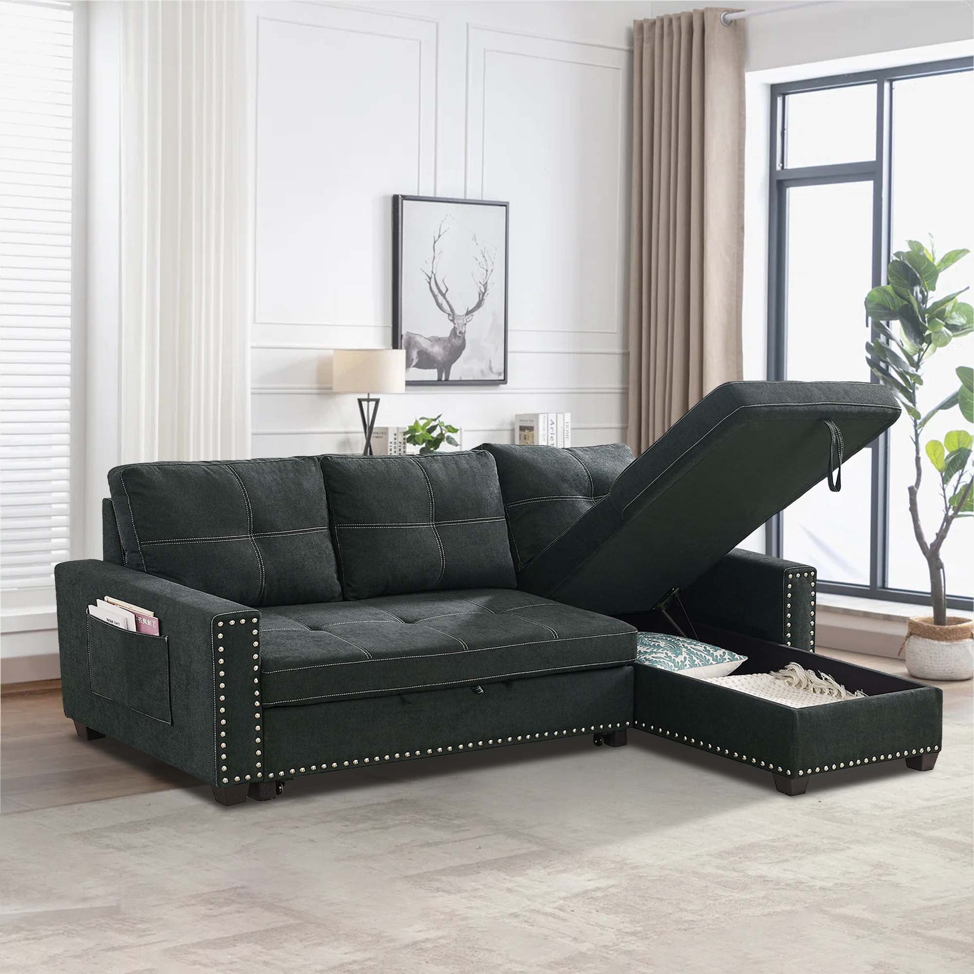 Aukfa 82" Reversible Sectional Sleeper Sofa, Pull Out Sofa Bed with Storage Chaise, Nailhead Trim, Living Room - Black