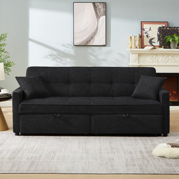 Aukfa 82" Sofa Bed 3 Seat Convertible Sleeper Couch with 2 Side Pockets for Living Room, 2 Pillows, Linen, Black