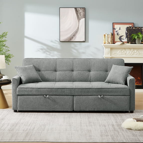 Aukfa 82" Comfy Sofa 3 Seat Convertible Sofa Bed with 2 Side Pockets for Living Room, 2 Pillows, Linen, Gray