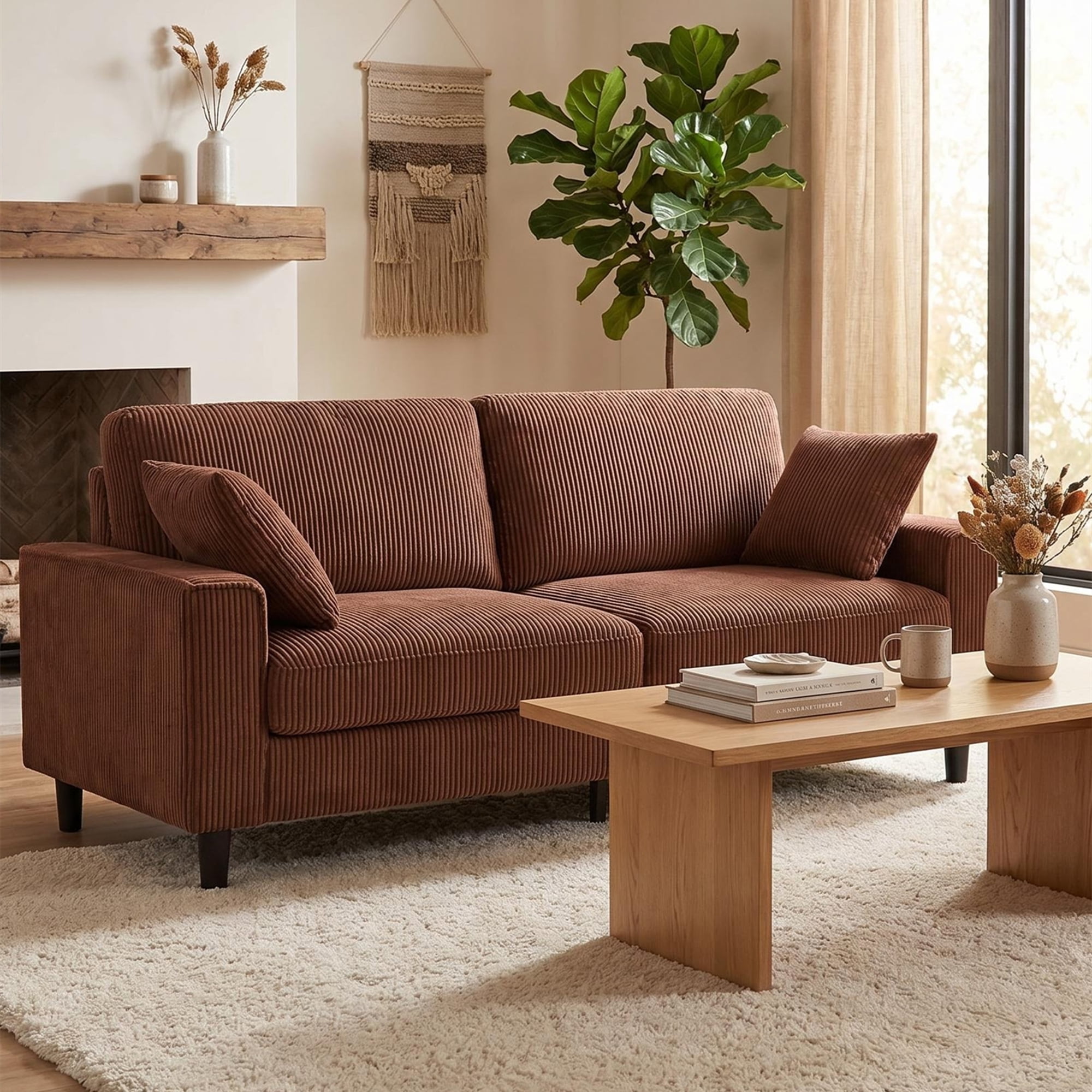 Aukfa 82" Square Arm Sofa 3 Seat Deep Seat Upholstered Couch for Living Room Bedroom, 2 Pillows, Corduroy, Coffee
