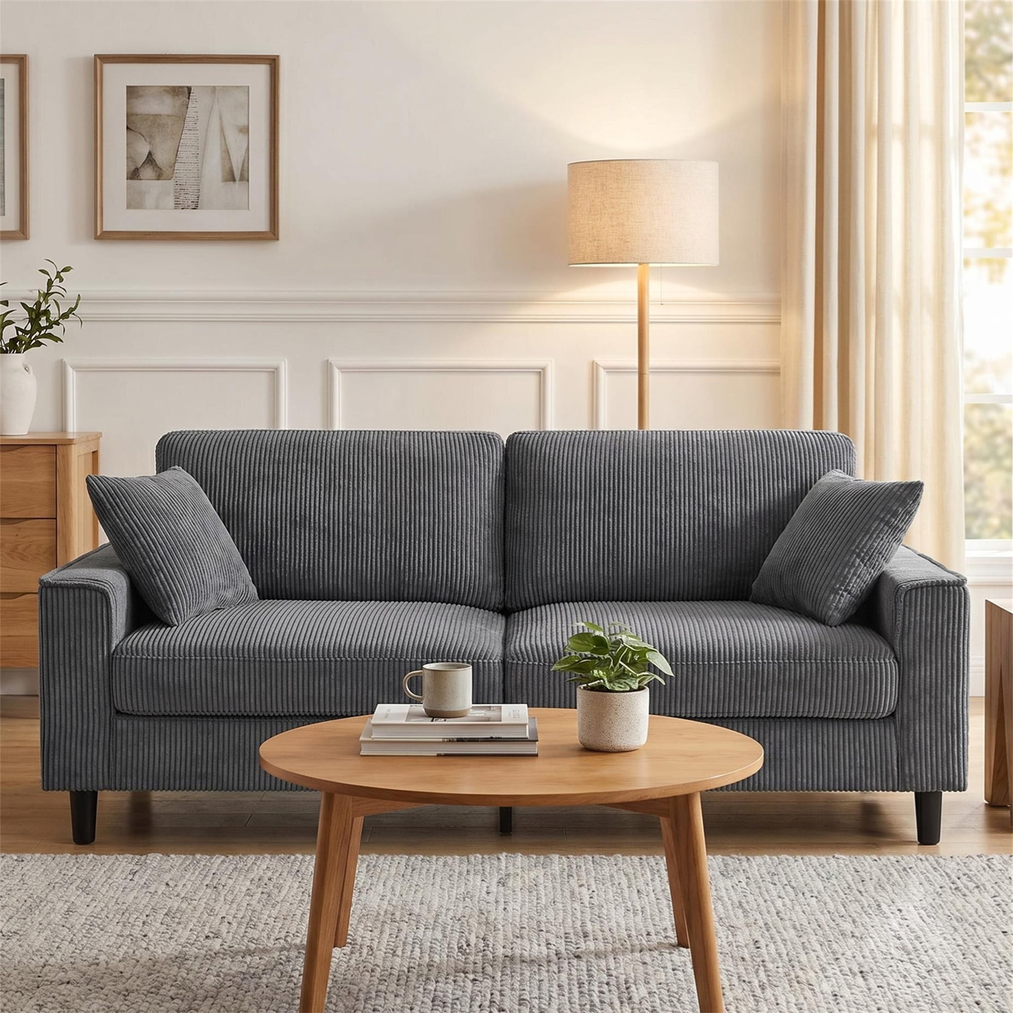 Aukfa 82" Square Arm Sofa 3 Seat Deep Seat Upholstered Couch for Living Room Bedroom, 2 Pillows, Corduroy, Dark Gray