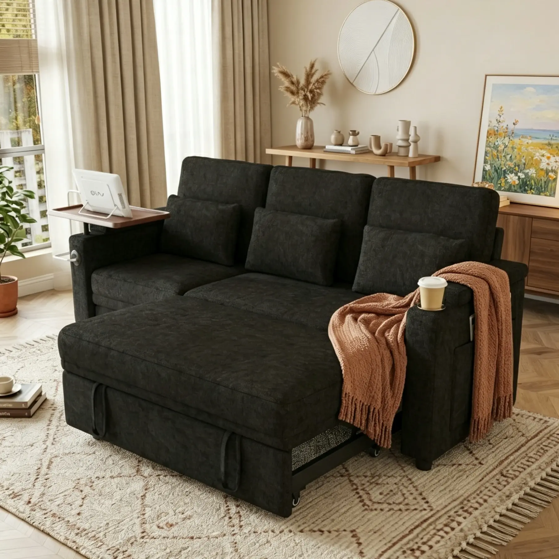 Aukfa 83" Convertible Sofa Bed, Chenille 3-Seater Pull-Out Sleeper Couch with Recliner, USB Port, Swivel Table & Storage Armrests,Black