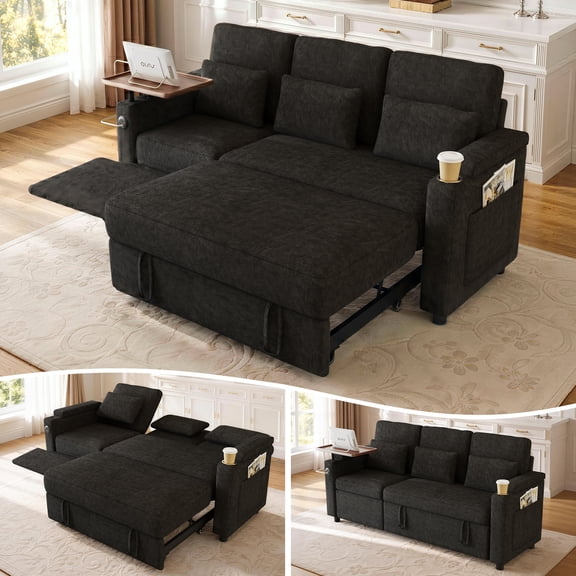 Aukfa 83" Convertible Sofa Bed, Chenille 3-Seater Pull-Out Sleeper Couch with Recliner, USB Port, Swivel Table & Storage Armrests,Black