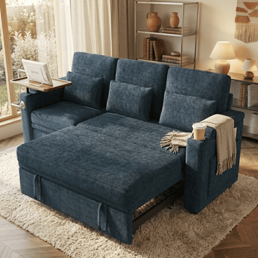 Aukfa 83" Convertible Sofa Bed, Chenille 3-Seater Pull-Out Sleeper Couch with Recliner, USB Port, Swivel Table & Storage Armrests,Blue